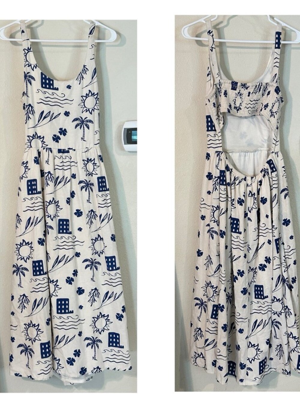 Sincerely Jules M Cottage Core Maxi Dress Romantic Cutout Back Smocked Blue Whit